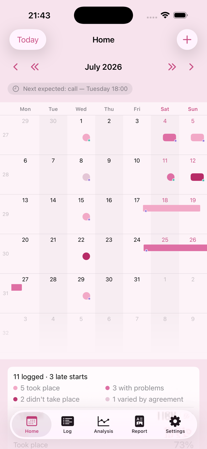 The calendar in the Pink theme.