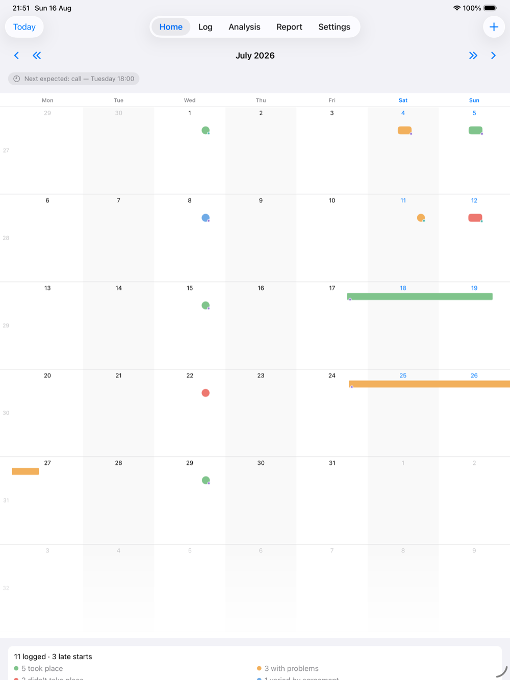 Arrangements Log on iPad, showing the month calendar filling the screen.
