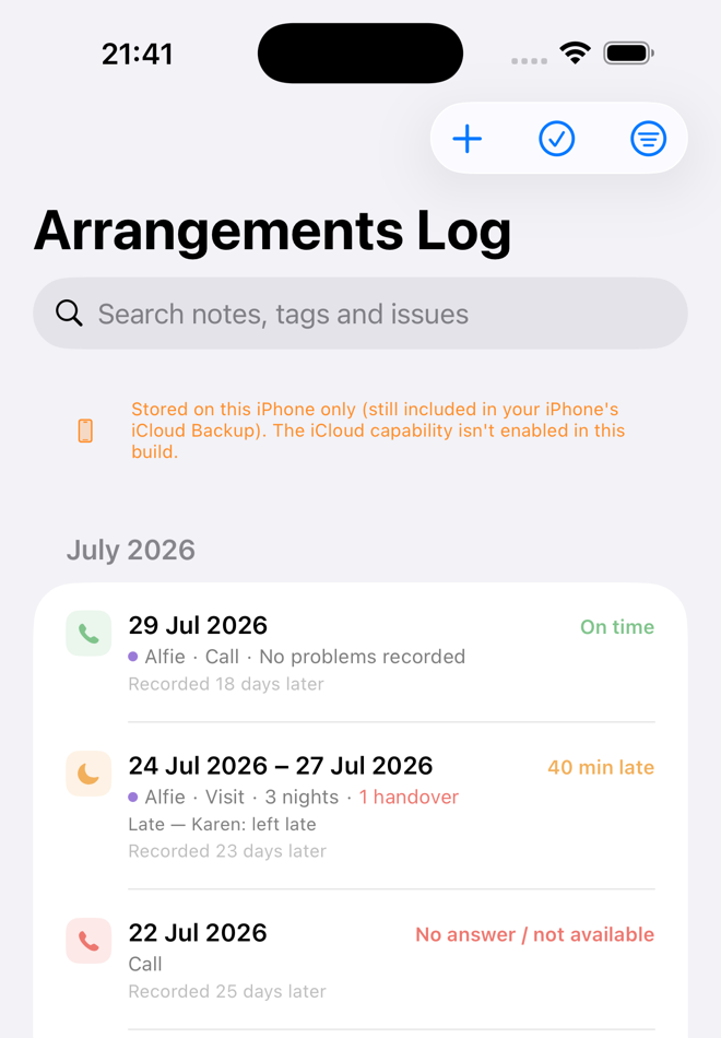 The Log tab: a list of dated entries, each showing the type of contact, its outcome, and how the actual times compared with the scheduled ones.