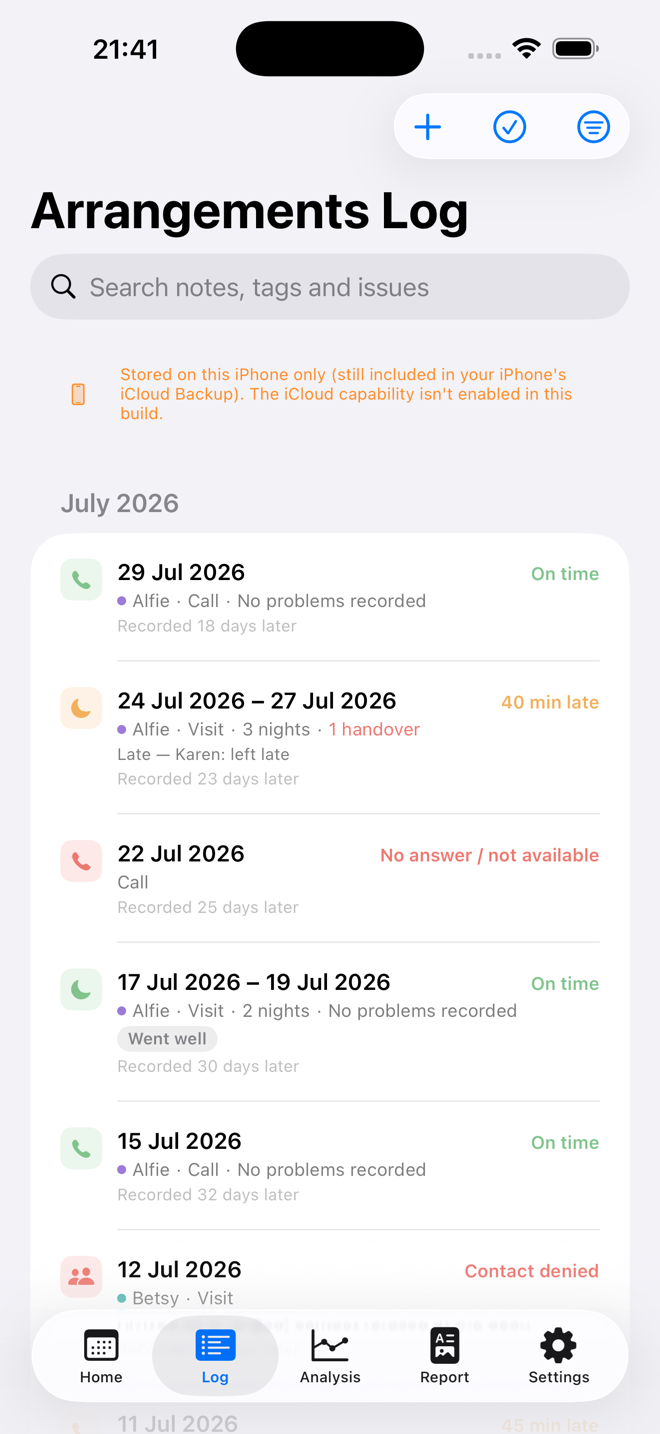 The Log tab: a list of dated entries, each showing the type of contact, its outcome, and how the actual times compared with the scheduled ones.
