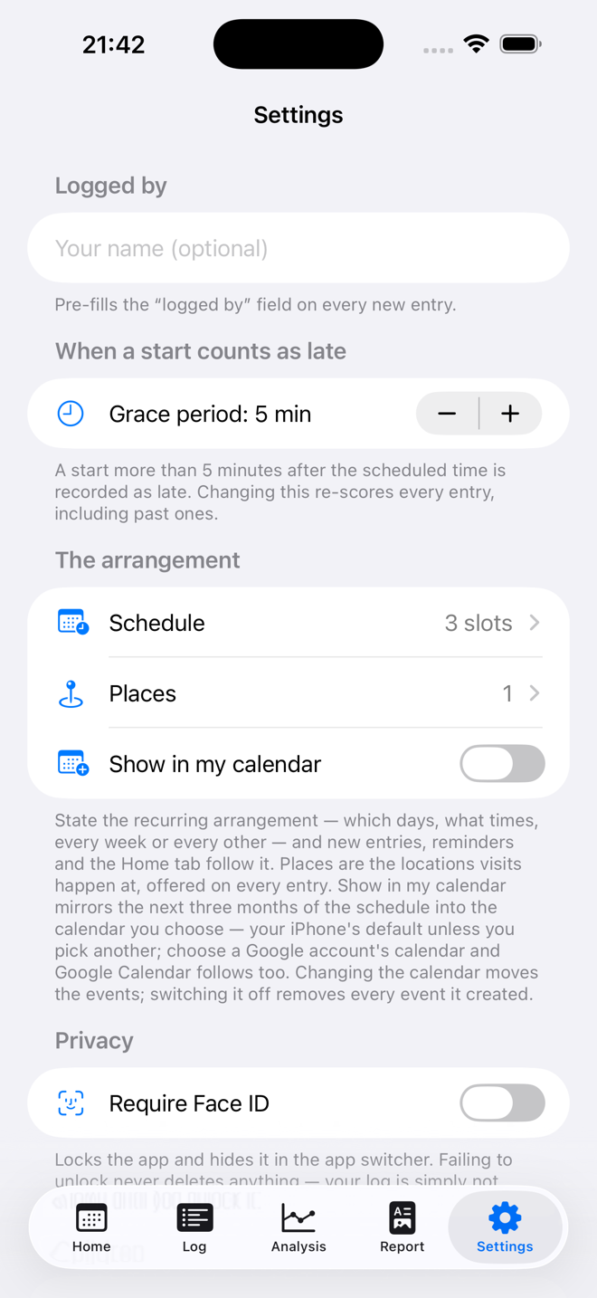 The Settings tab, where the regular schedule, reminders, themes and other preferences are configured.